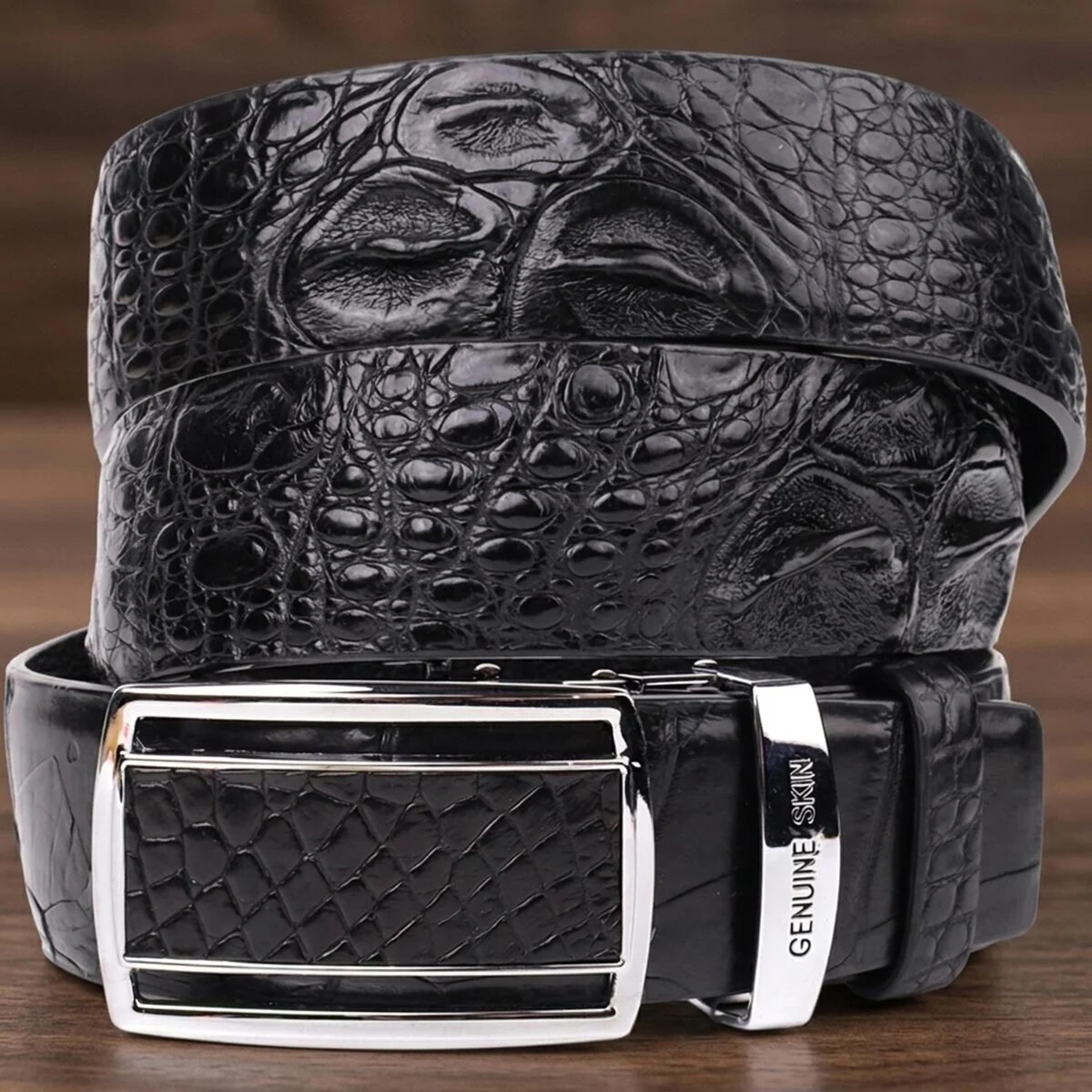 Ремінь-автомат CROCODILE LEATHER 18239 з натуральної шкіри крокодила Чорний