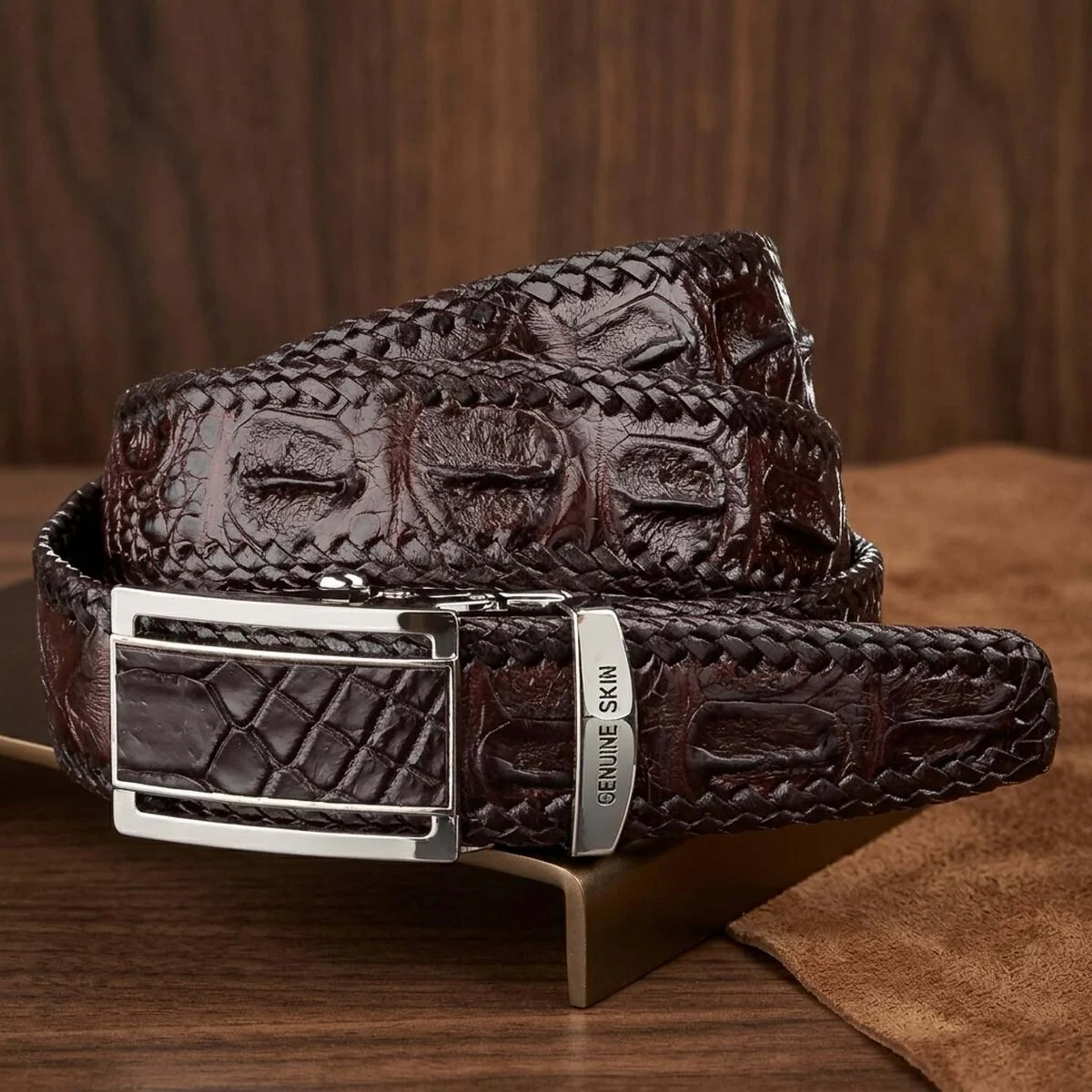 Ремінь-автомат CROCODILE LEATHER 18171 з натуральної шкіри крокодила Коричневий
