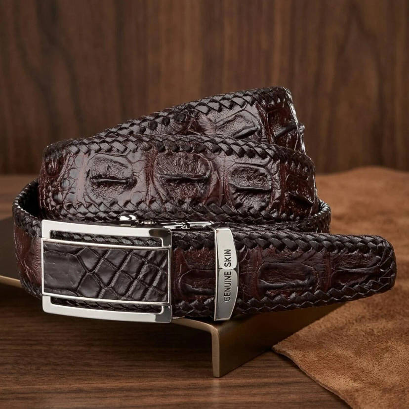 Ремінь-автомат CROCODILE LEATHER 18171 з натуральної шкіри крокодила Коричневий