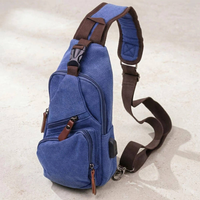 Сумка з USB кабелем через плече із щільного текстилю 21224 Vintage Синя