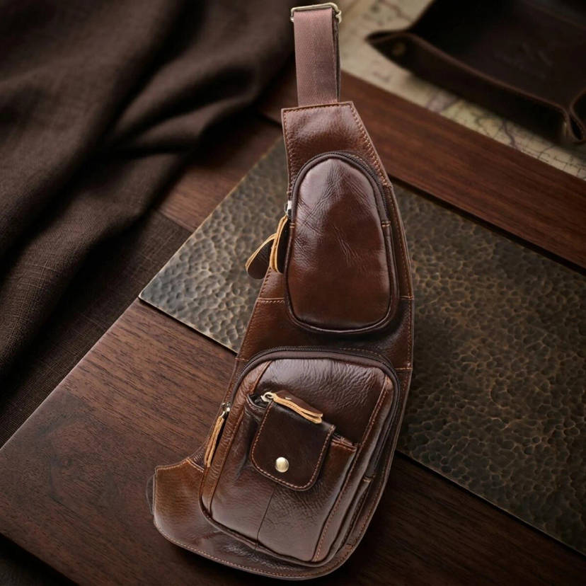 Мужская сумка с большим количеством карманов из натуральной кожи Vintage 22962 Коричневый