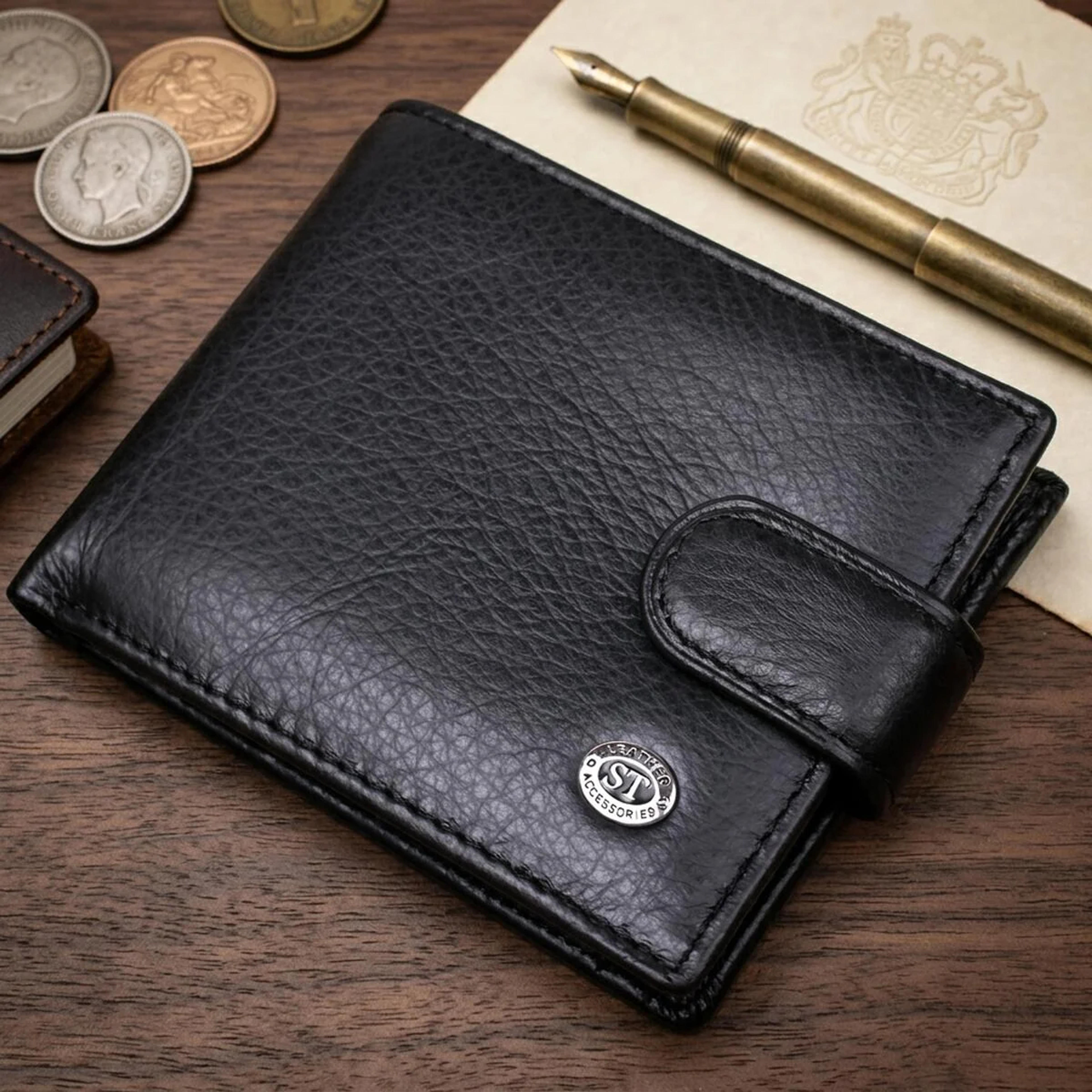 Чоловічий шкіряний купюрник для карток купюр та монет ST Leather 18308 Чорний