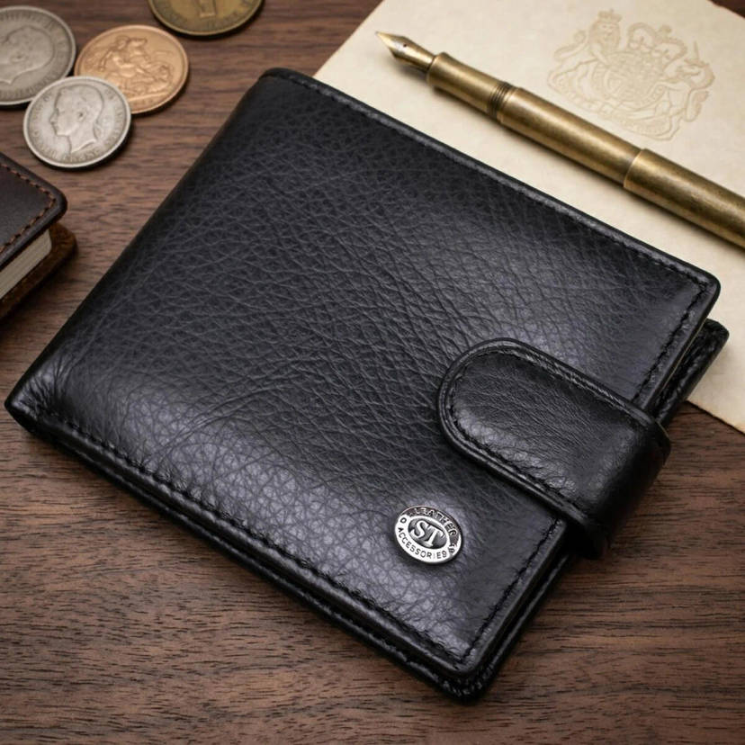 Чоловічий шкіряний купюрник для карток купюр та монет ST Leather 18308 Чорний