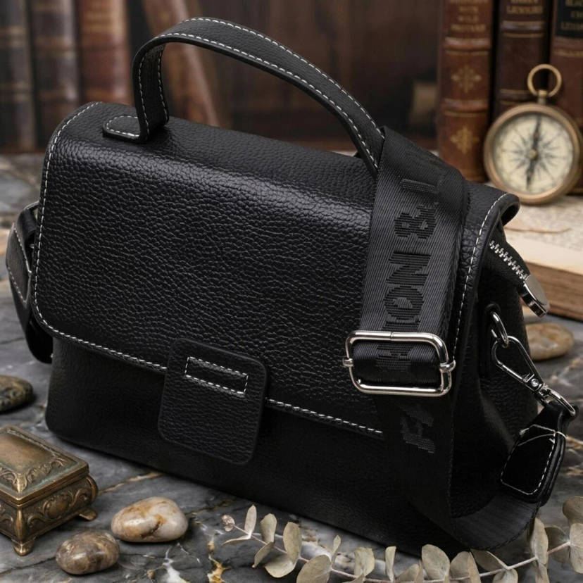 Сумка сэтчел в классическом цвете для женщин из натуральной кожи Vintage 22291 Черная