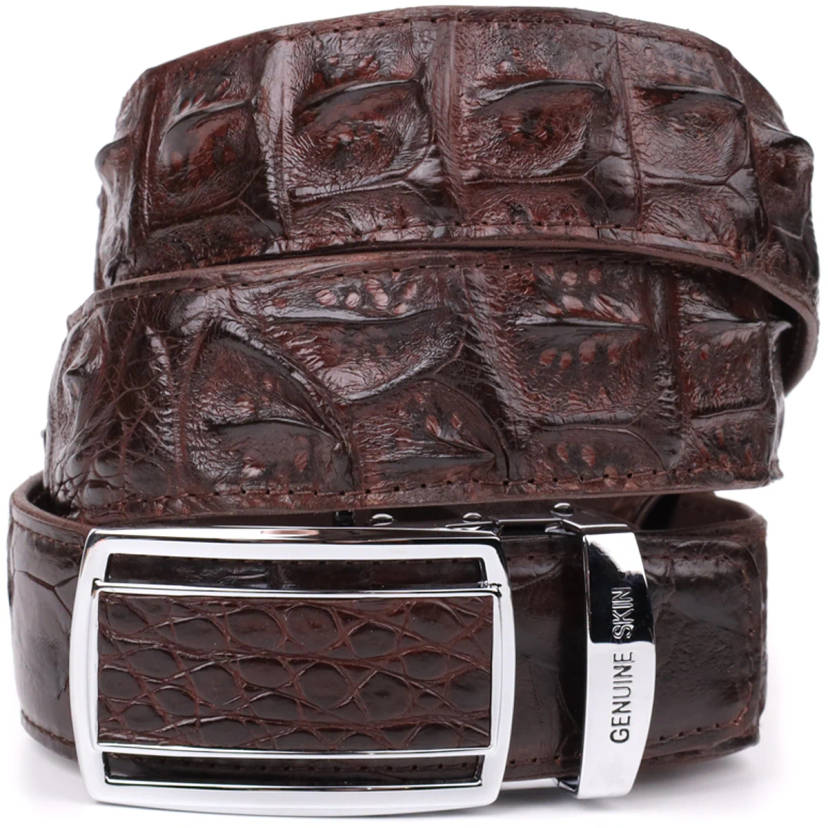 Ремінь-автомат CROCODILE LEATHER 18235 з натуральної шкіри крокодила (каймана) Коричневий