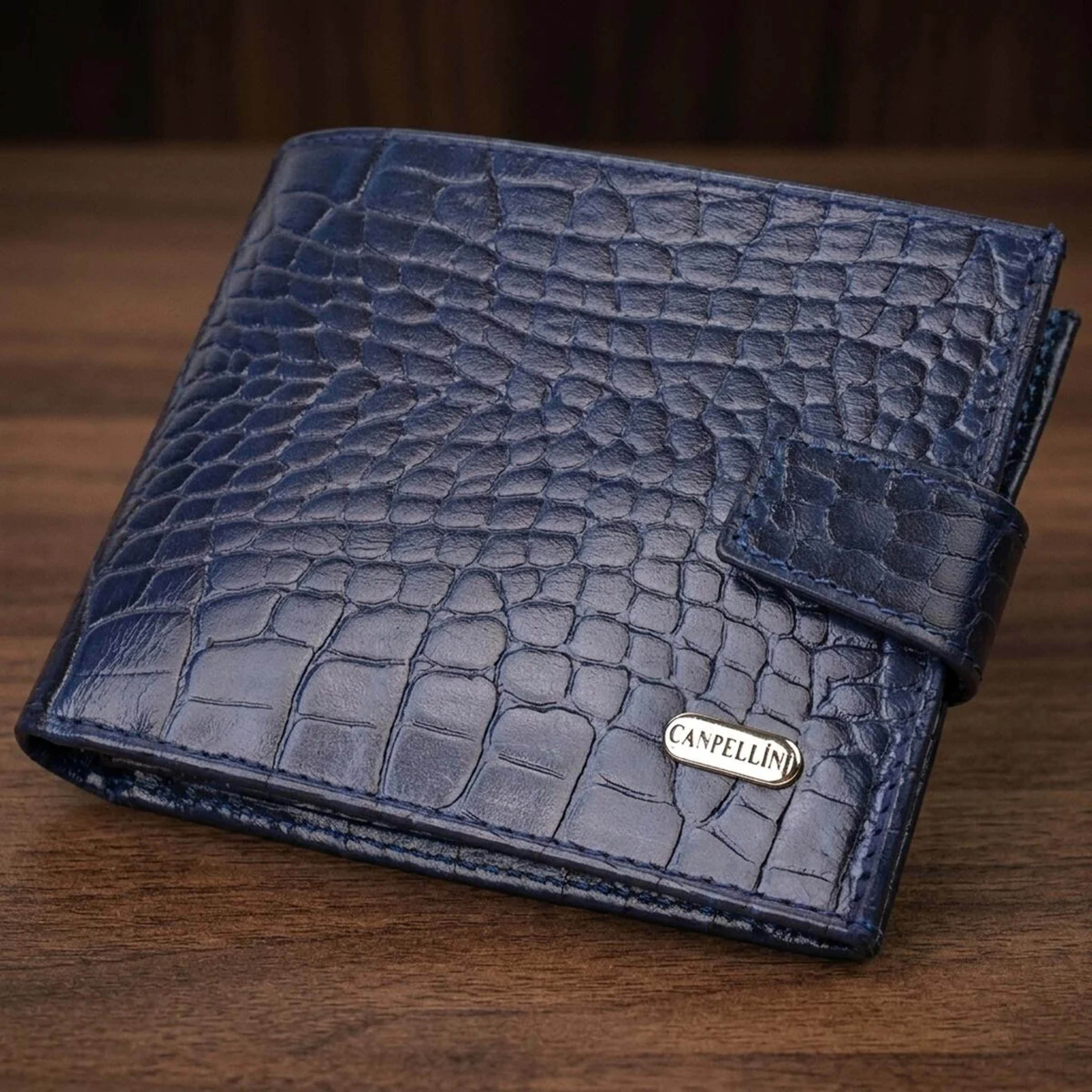 Гарний горизонтальний гаманець для чоловіків з натуральної шкіри з тисненням йод рептилію CANPELLINI 21889 Синий