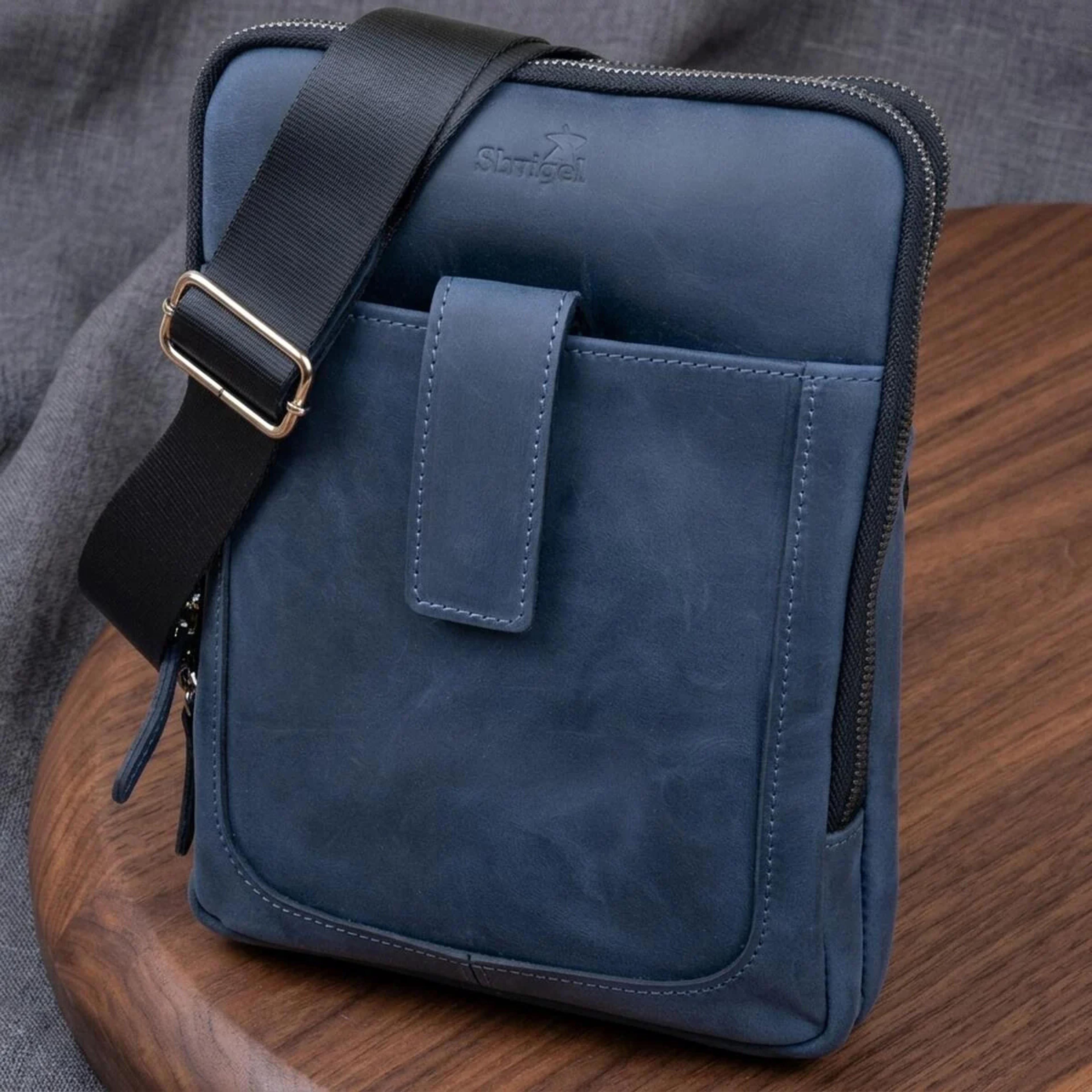 Сумка мужская планшет на два отделения винтажная кожаная SHVIGEL 11284 Синяя