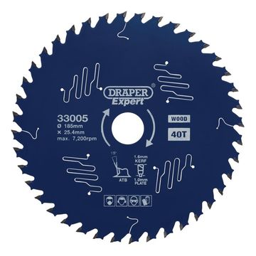 Draper Expert TCT Circular Saw Blade for Wood with PTFE Coating, 185 x 25.4mm, 40T