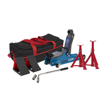 Trolley Jack 2 Tonne Low Entry Short Chassis & Accessories Bag Combo - Blue