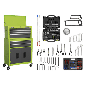 6 Drawer Topchest & Rollcab Combination with Ball-Bearing Slides - Hi-Vis Green/Grey & 170pc Tool