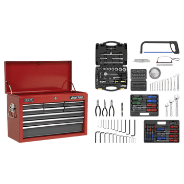 Topchest 9 Drawer with Ball-Bearing Slides - Red/Grey & 205pc Tool Kit