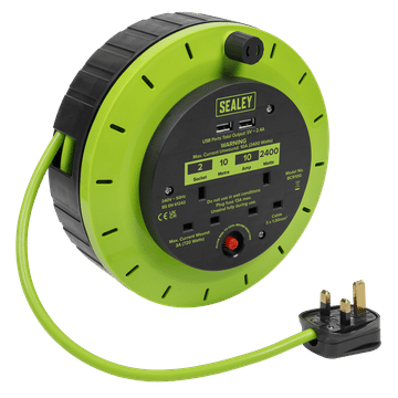 Cassette Type Cable Reel Green with Thermal Trip 2 x 230V and 2 x USB 10m