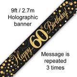 9ft Banner Sparkling Fizz 60th Birthday Black & Gold Holographic - Banners & Bunting