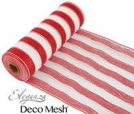 Deco Mesh Metallic Red & White Stripe 25cm x 9.1m Pattern No.267 - Organza / Fabric