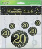 Oaktree Sparkling Fizz Hanging Swirls 20th Black / Gold 6pcs - Partyware