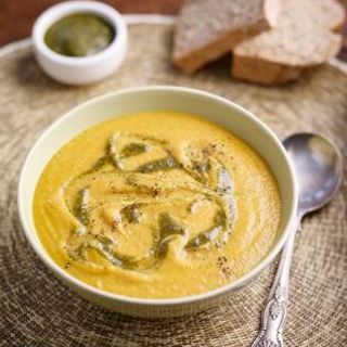 Carrot, Coconut and Peanut Butter Soup with Carrot Top Pesto