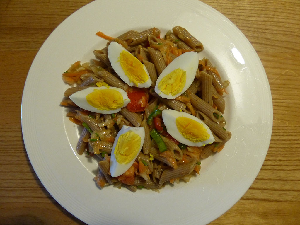 Penne with seasonal veggies and egg