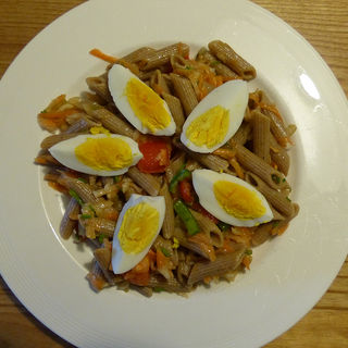 Penne with seasonal veggies and egg