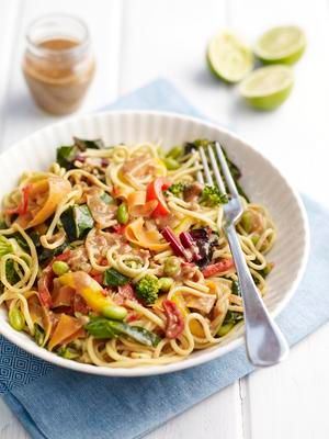 Rainbow Noodles with Chilli Peanut Sauce