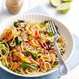 Rainbow Noodles with Chilli Peanut Sauce