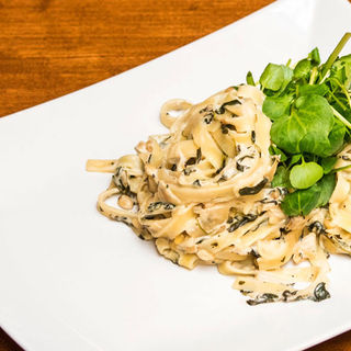 Creamy Pasta with Watercress, Spinach and Pine Nuts