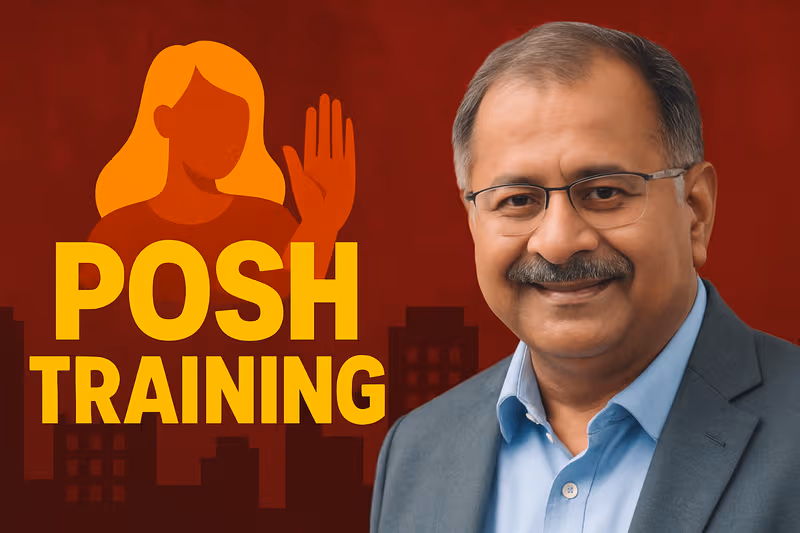 Juno School POSH Training Course Thumbnail: A woman looking distressed at a computer screen, with a male colleague in the background, illustrating workplace sexual harassment scenarios.