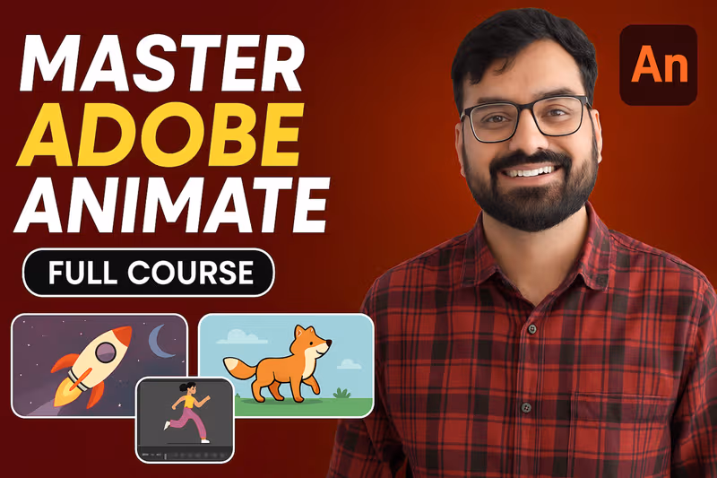 Adobe Animate course thumbnail showing a character with smooth animation