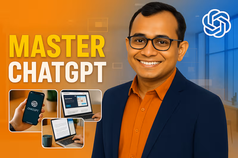 A professional Indian man confidently using a laptop with AI interfaces on screen, symbolizing mastery over AI tools for career advancement.