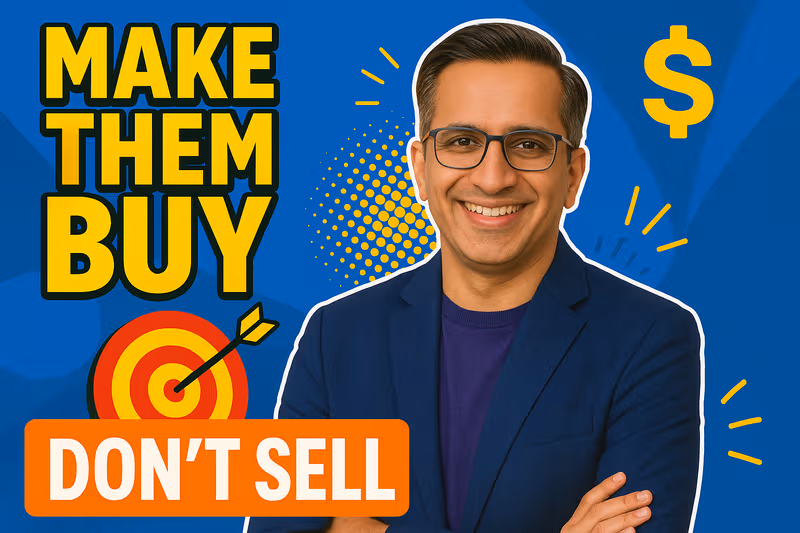 Salesperson on a call, gesturing confidently, representing the art of 'Reverse Selling' and lowering a prospect's defense.