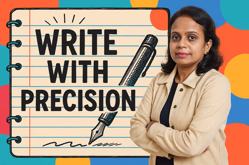 Thumbnail image for Juno School's 'Write with Precision' course, showing a person typing on a laptop with a thought bubble above their head.