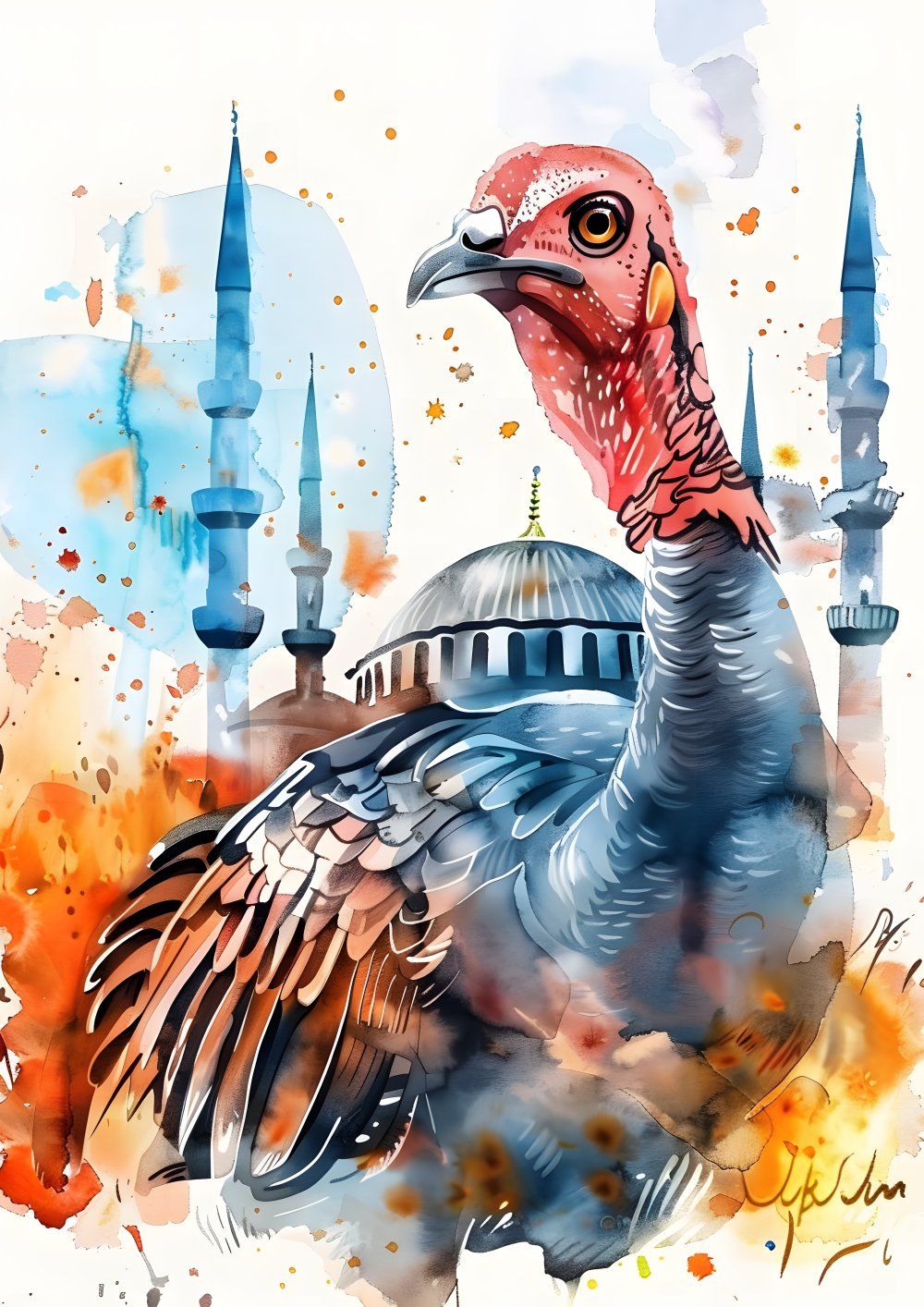 Konten Ayam dengan Latar Belakang Mosque dan Bandera