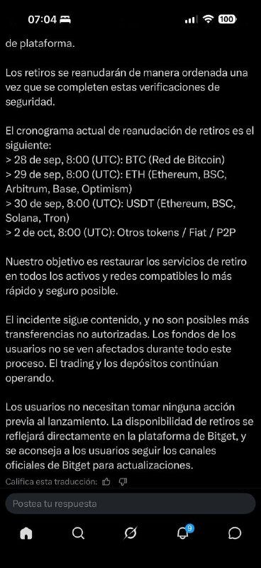 Bitget reactiva retiros de forma escalonada tras incidente de seguridad