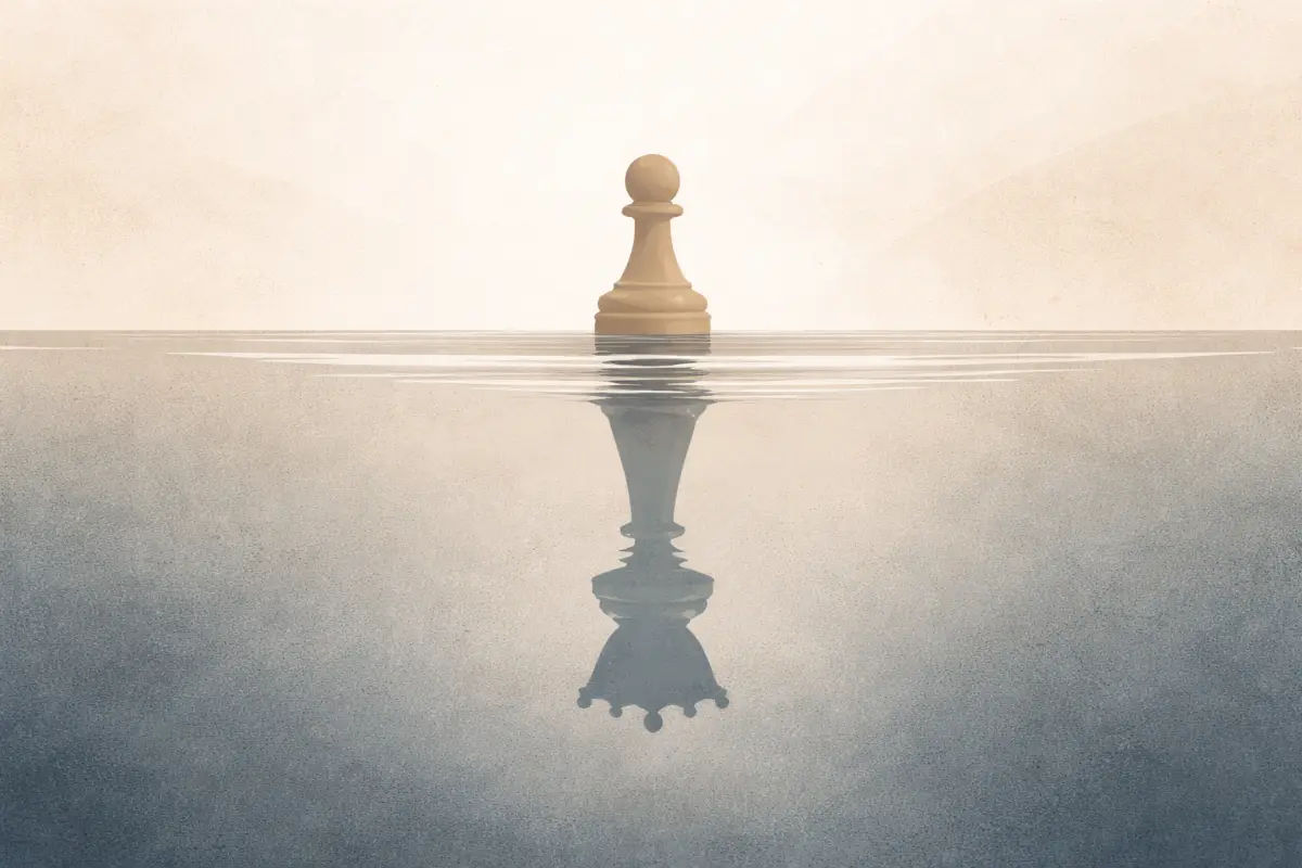 Wide abstract illustration representing authority and imbalance through symbolic forms.