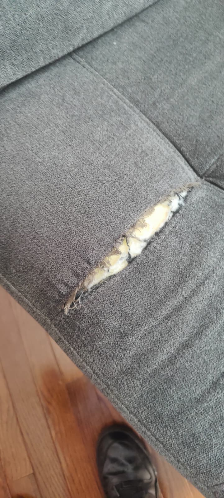 Couch with torn fabric damage