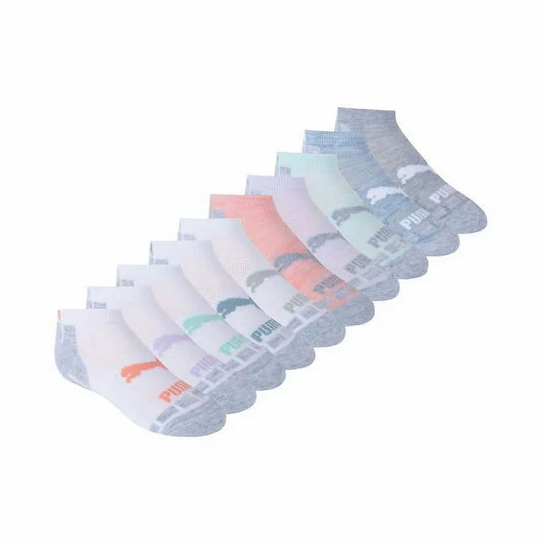 Puma kids - Low Cut , Dry Cell, No-Show Socks - Multi Color White For Kids- Value Pack 10 Pairs - Shoe Size 9-3.5 Image