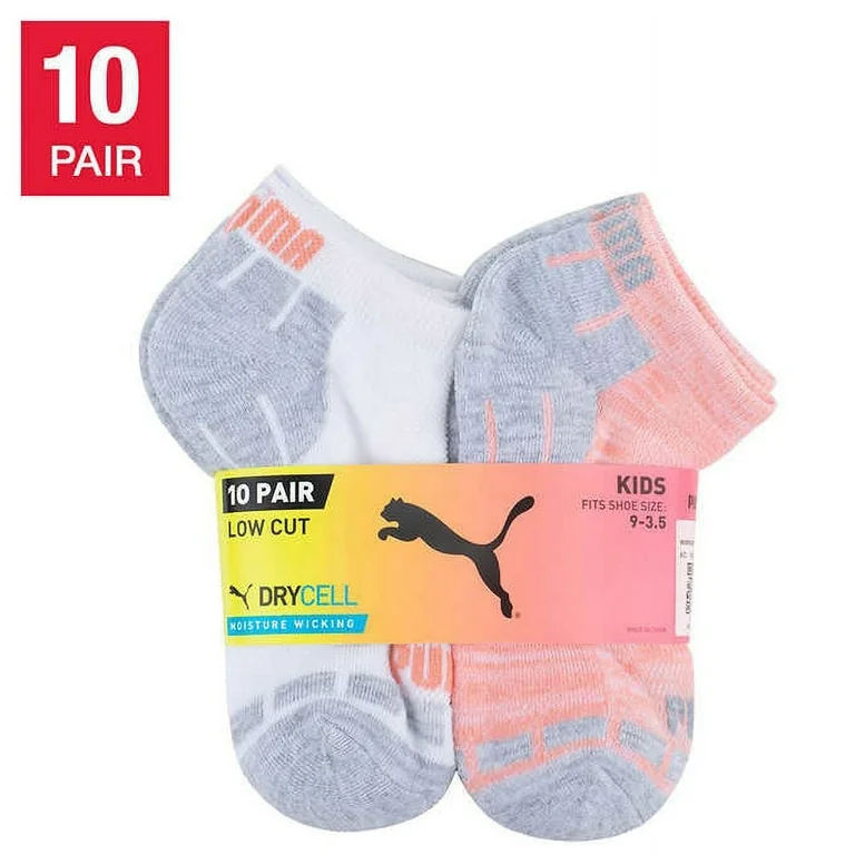 Puma kids - Low Cut , Dry Cell, No-Show Socks - Multi Color White For Kids- Value Pack 10 Pairs - Shoe Size 9-3.5 Image