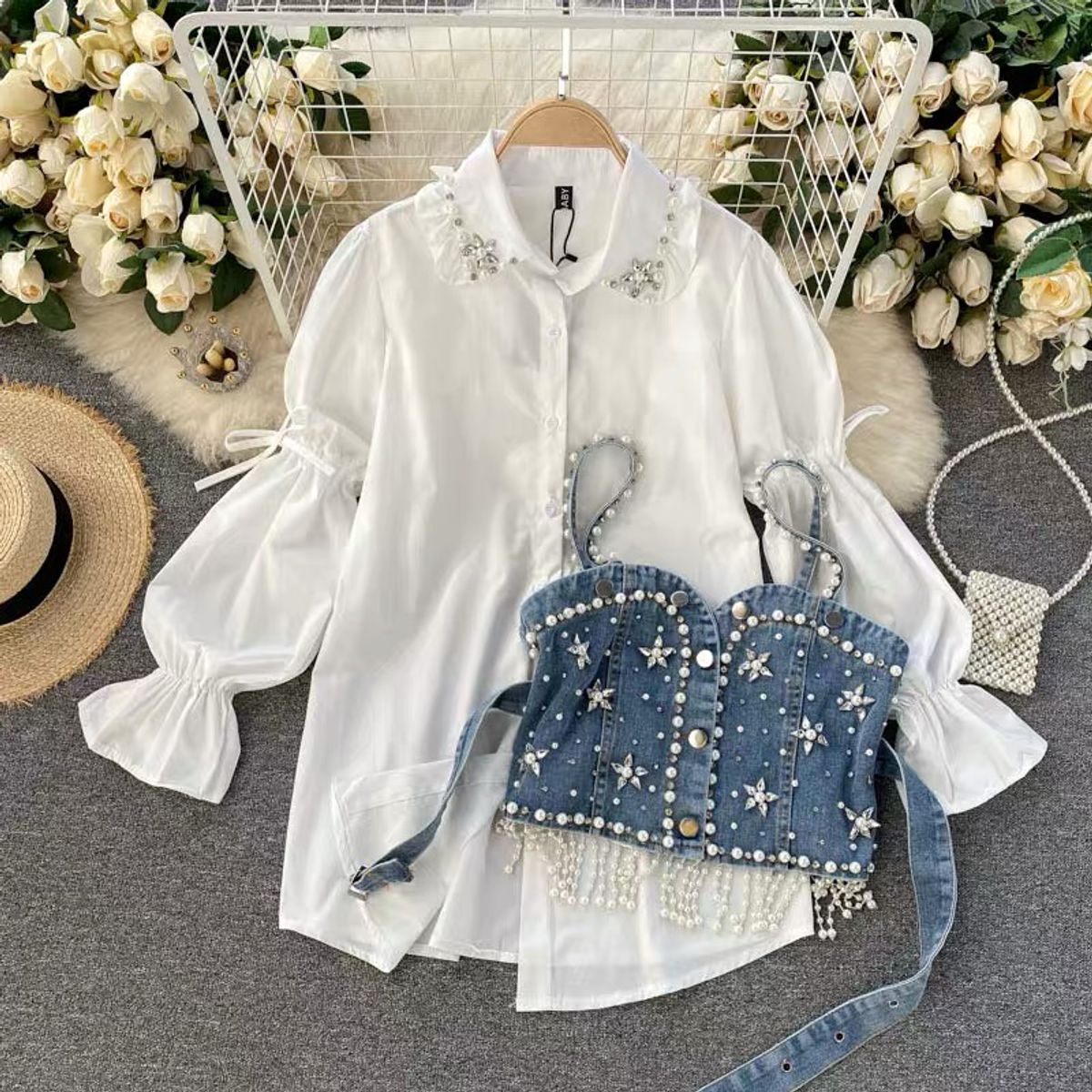 Modern romance shirt dress & beaded denim waist coat SDZZ270 image