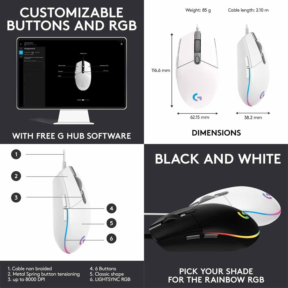 Logitech G102 Wired Gaming Mouse White