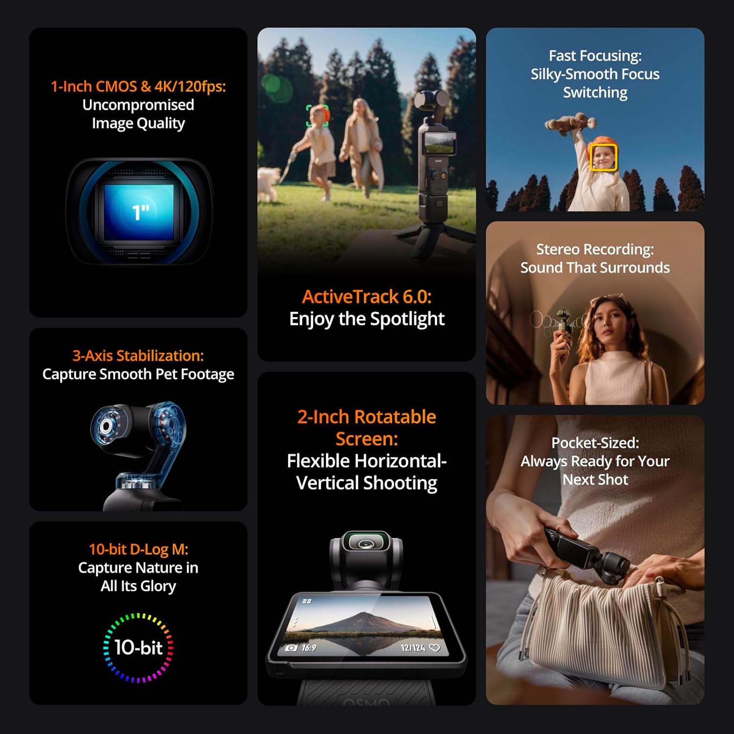 DJI Osmo Pocket 3, Vlogging Camera with 1'' CMOS & 4K/120fps Video, 3-Axis Stabilization, Face/Object Tracking, Fast Focusing, 2" Rotatable Touchscreen