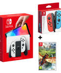 Switch OLED bundle ( Nintendo Switch (OLED Model) White Set, Monster Hunter Stories 2: Wings Of Ruin (Nintendo Switch) and Nintendo Switch Joy-Con Controller Pair - Neon Red Blue