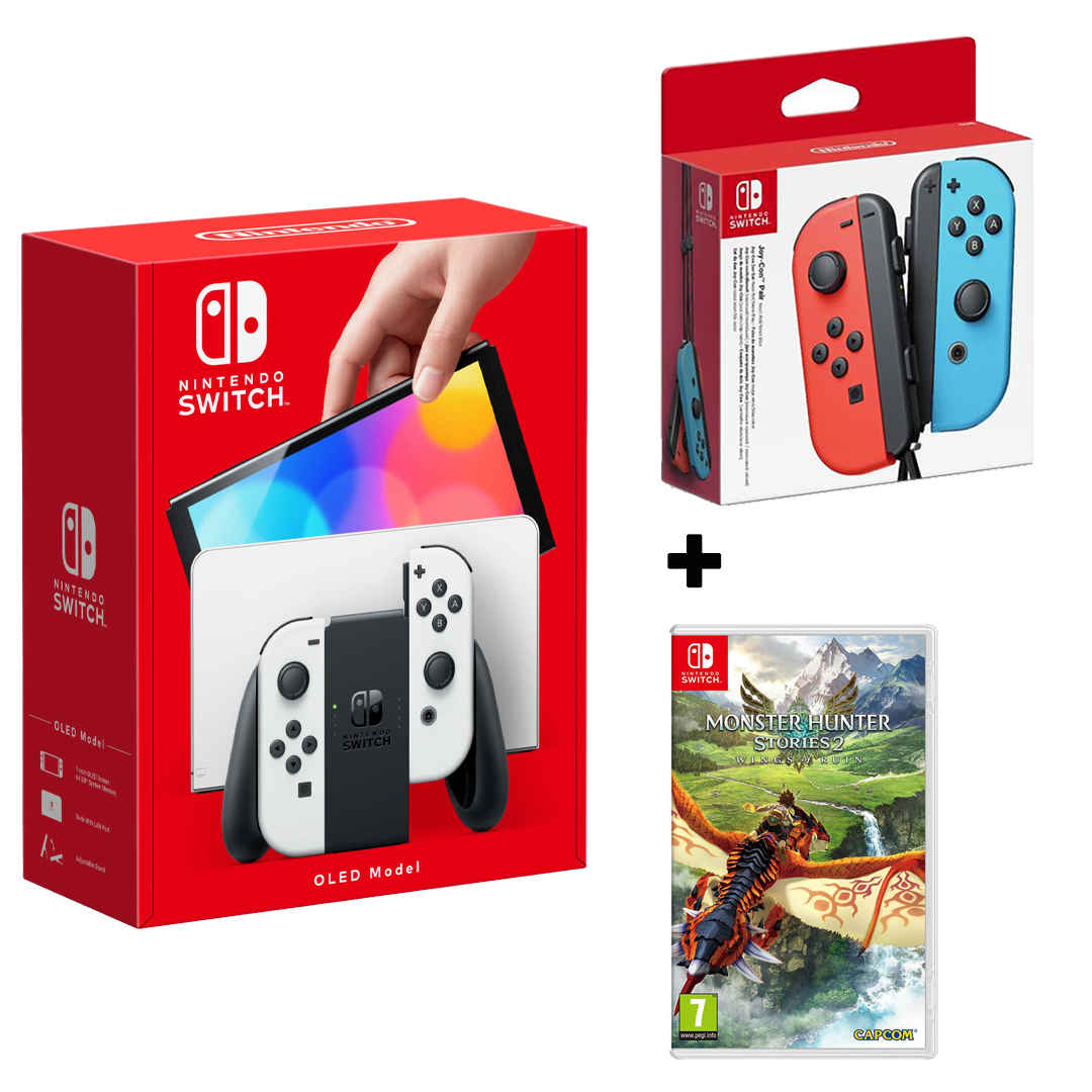Switch OLED bundle ( Nintendo Switch (OLED Model) White Set, Monster Hunter Stories 2: Wings Of Ruin (Nintendo Switch) and Nintendo Switch Joy-Con Controller Pair - Neon Red Blue