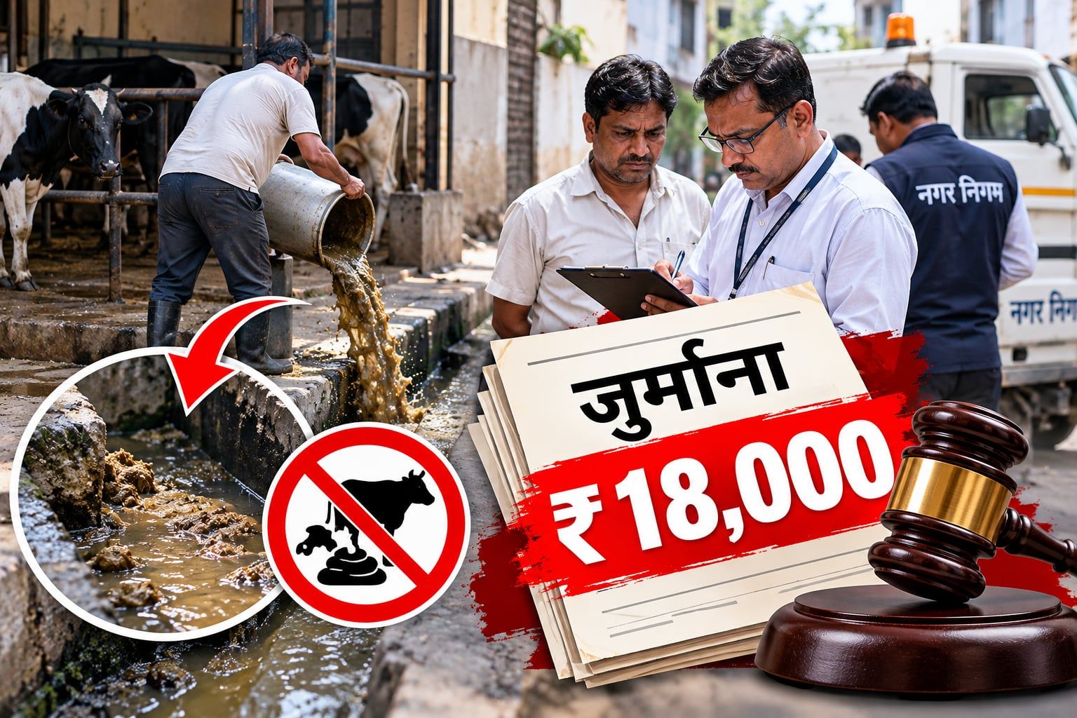 नालियों में गोबर बहाना पड़ा भारी, डेयरी संचालक पर 18 हजार रुपये का जुर्माना