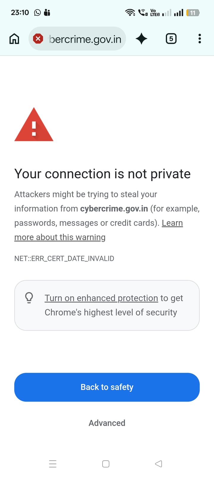 साइबर अपराध की शिकायत वाले सरकारी पोर्टल पर ही सुरक्षा चेतावनी, Chrome ने बताया ‘Your connection is not private’