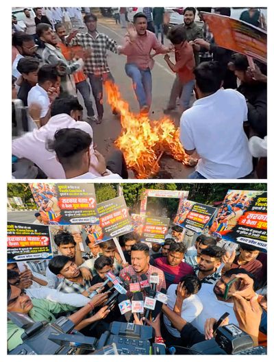 यूथ कॉन्क्लेव में छात्रों पर पुलिस बर्बरता के विरोध में NSUI का प्रदर्शन, गृहमंत्री का पुतला फूंका