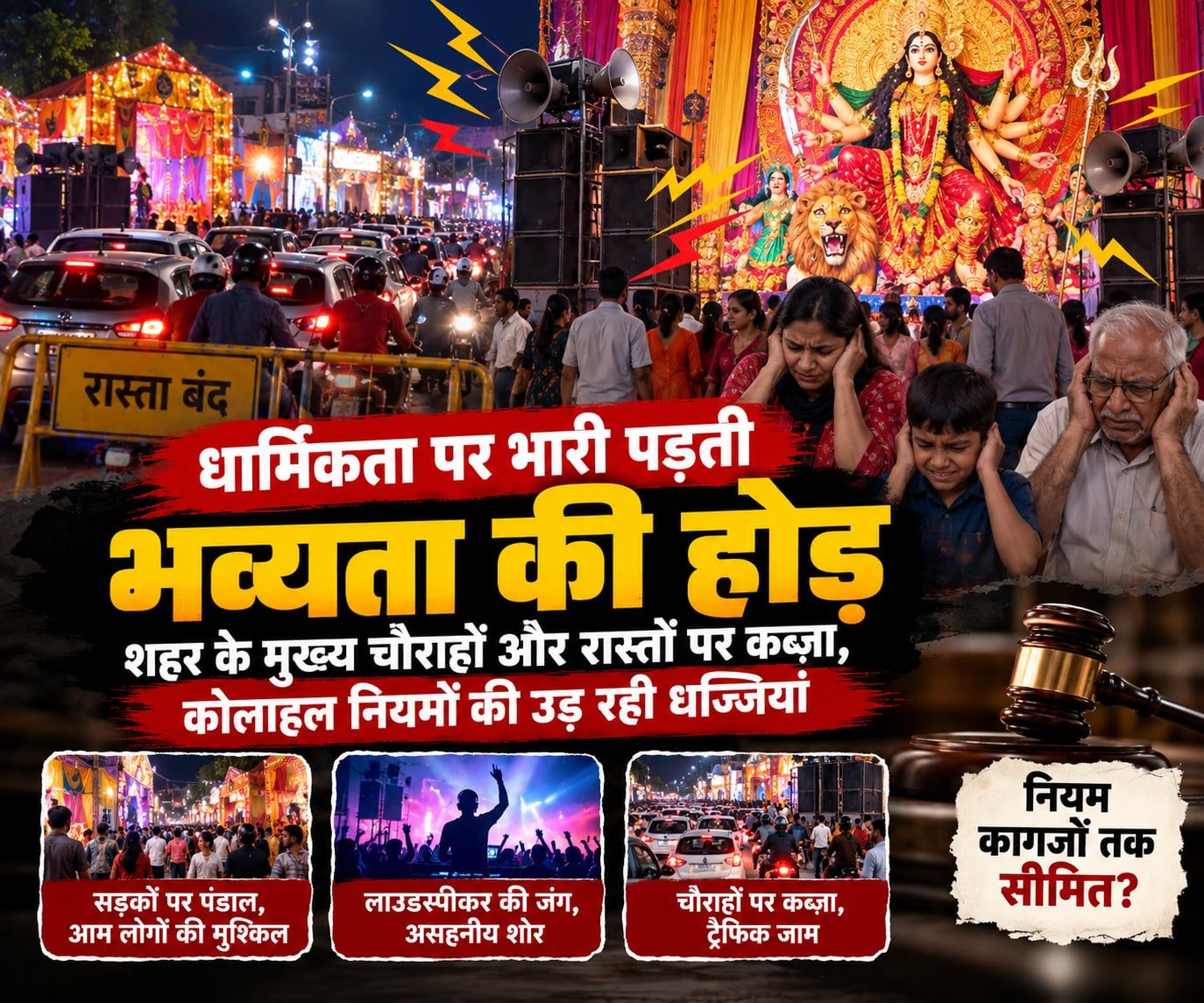धार्मिकता पर भारी पड़ती भव्यता की होड़: शहर के मुख्य चौराहों और रास्तों पर कब्ज़ा, कोलाहल नियमों की उड़ रही धज्जियां