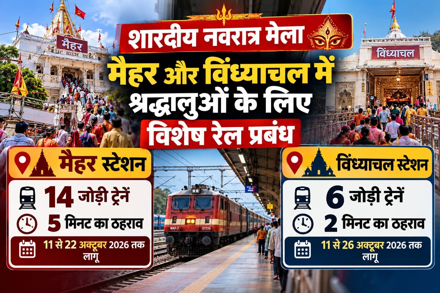 नवरात्रि में मैहर और विंध्याचल जाने वाले श्रद्धालुओं को राहत, 20 जोड़ी ट्रेनों को मिलेगा अस्थायी ठहराव