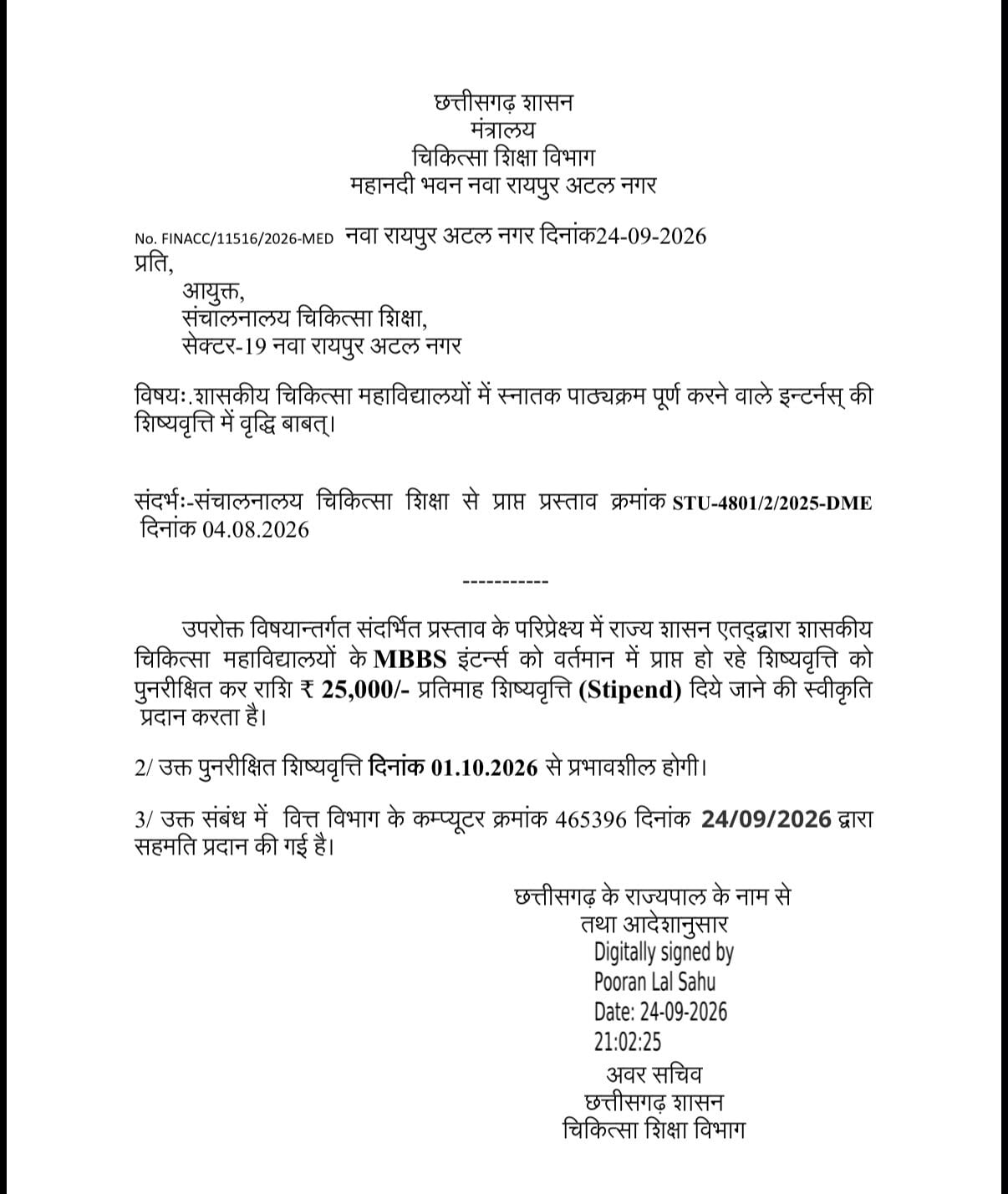 राज्य सरकार ने इंटर्न डॉक्टरों का मासिक स्टाइपेंड बढ़ाने का फैसला लिया