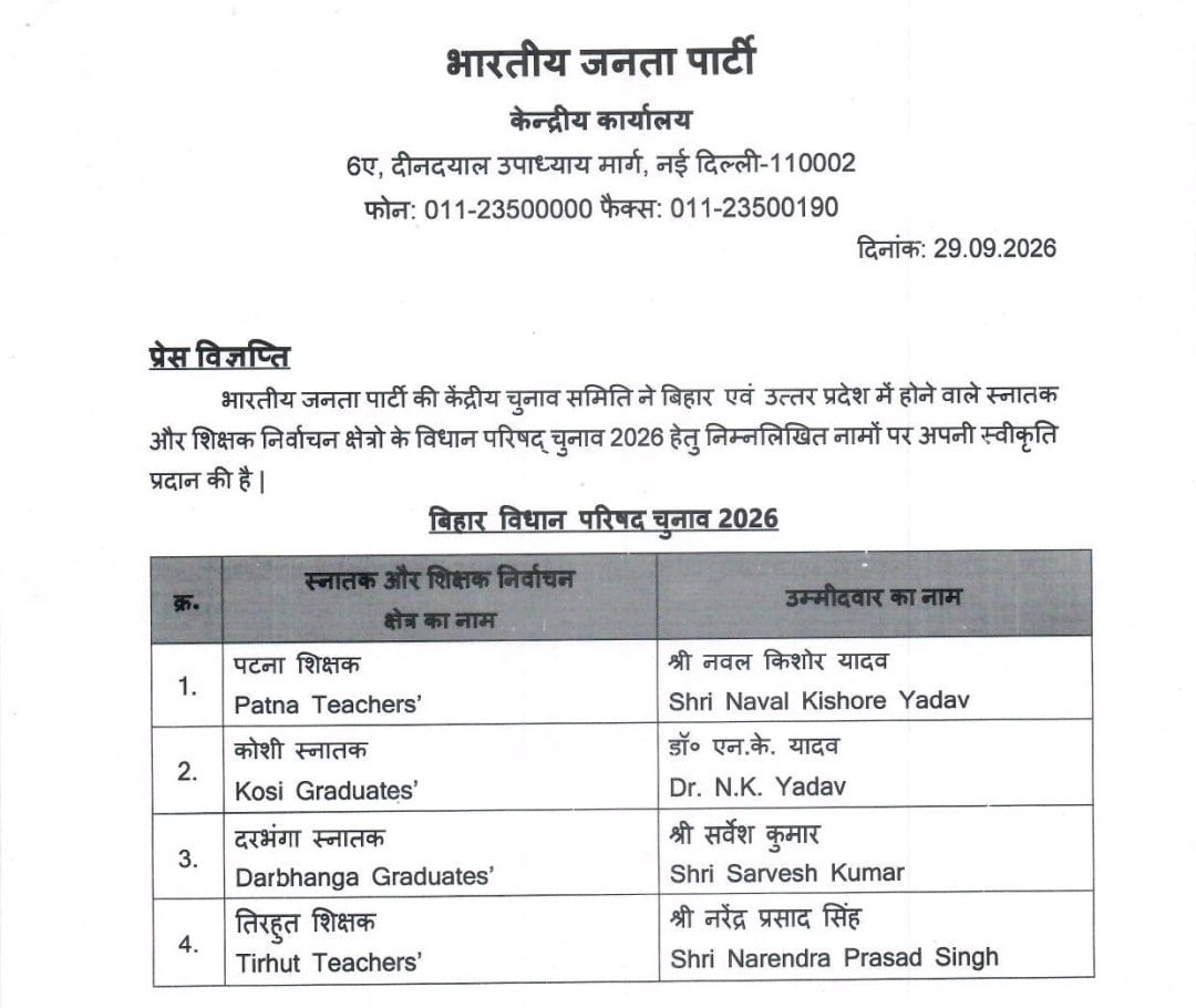 बिहार MLC चुनाव के लिए BJP ने चार उम्मीदवारों के नाम घोषित किए
