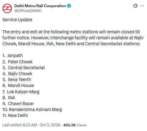 सुरक्षा कारणों से दिल्ली के कई मेट्रो स्टेशन बंद