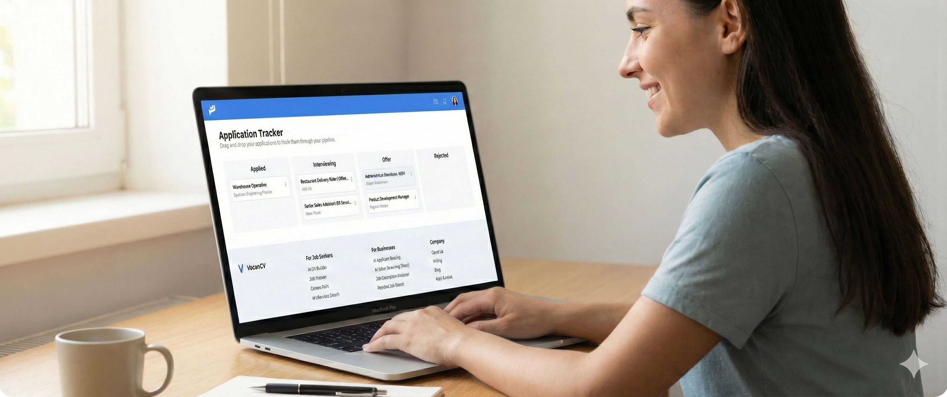 Dashboard kanban board showing application statuses.